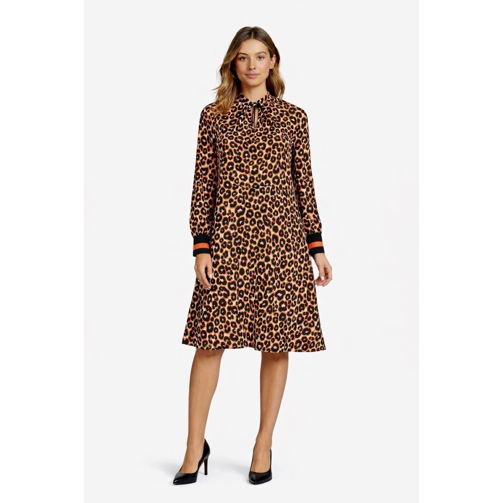 Heine Leopard Print Dress Women's EU 34 US 4 Tie‎ Neck Long Sleeve Midi